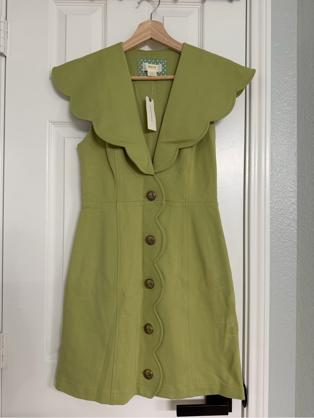 Maeve Olive Green Scalloped-Trim Sleeveless Mini Dress